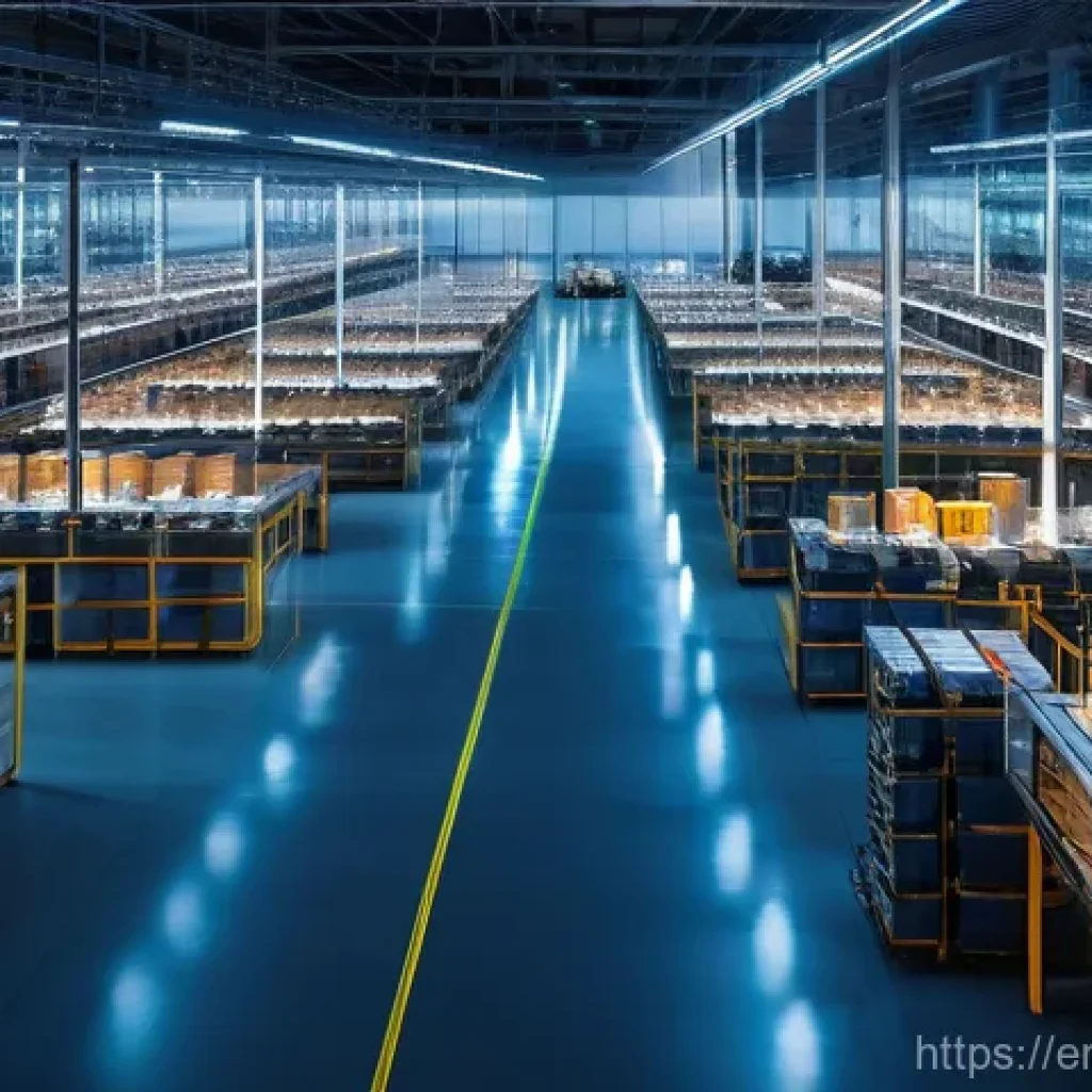 AI 기반 물류 혁신 - **Prompt: "A bustling, ultra-modern automated warehouse interior at dusk, showcasing the harmonious ...