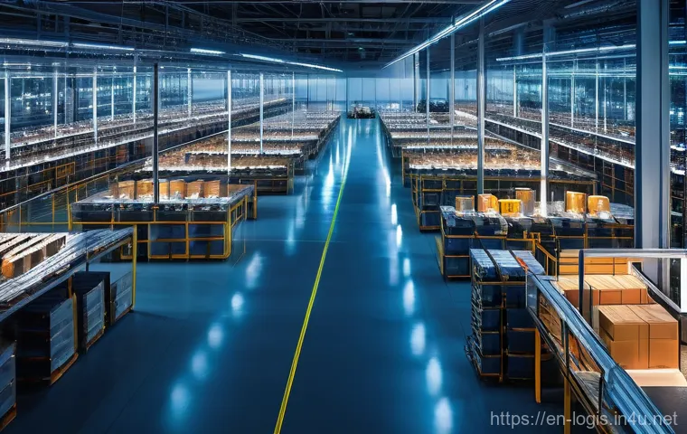AI 기반 물류 혁신 - **Prompt: "A bustling, ultra-modern automated warehouse interior at dusk, showcasing the harmonious ...
