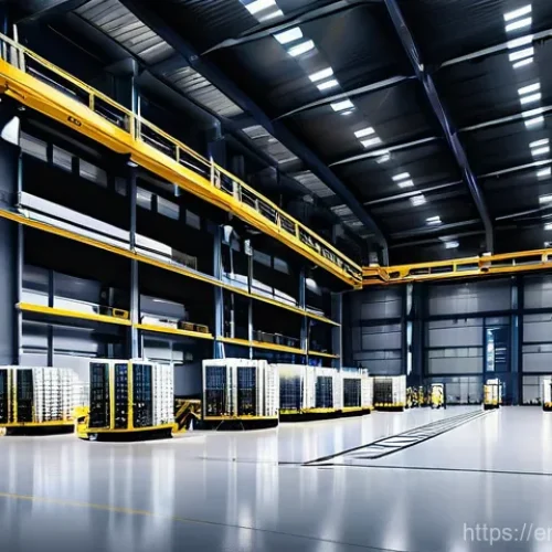 크로스도킹 물류 전략 - **Prompt:** A dynamic, high-angle wide shot of a futuristic cross-docking facility. The scene is bri...