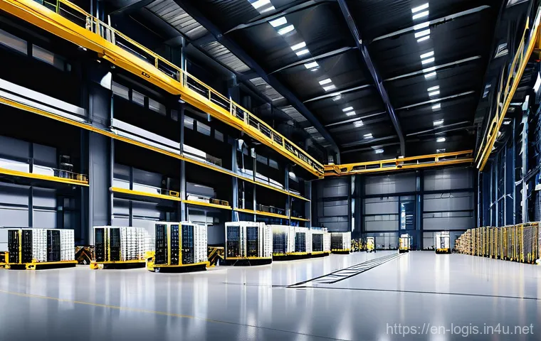 크로스도킹 물류 전략 - **Prompt:** A dynamic, high-angle wide shot of a futuristic cross-docking facility. The scene is bri...