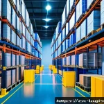 AI 기반 수요 예측 물류 - A modern warehouse interior bustling with activity, showcasing AI-powered inventory management: digi...