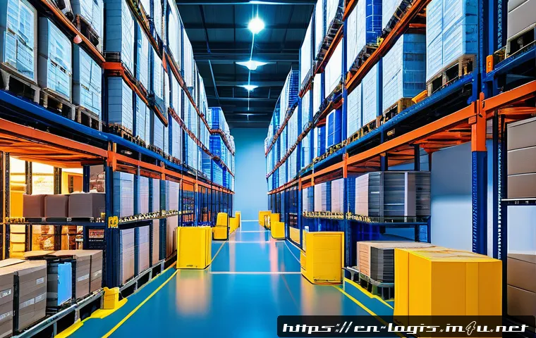 AI 기반 수요 예측 물류 - A modern warehouse interior bustling with activity, showcasing AI-powered inventory management: digi...