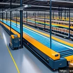 쿠팡 물류 시스템 분석 - A futuristic warehouse interior showcasing seamless collaboration between autonomous robots and huma...