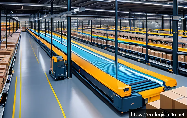 쿠팡 물류 시스템 분석 - A futuristic warehouse interior showcasing seamless collaboration between autonomous robots and huma...
