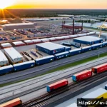 Home 23 4PL Fourth Party Logistics - Photorealistic aerial view of a vast North American intermodal logistics hub at sunrise, a fourth-pa...