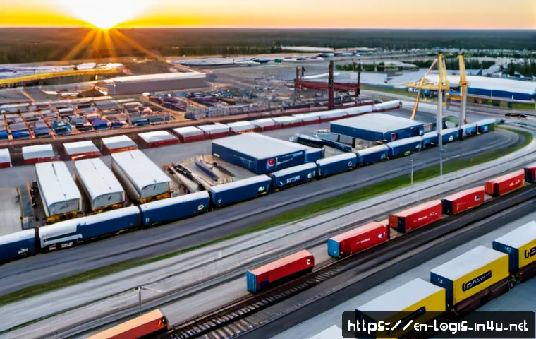 4PL Fourth Party Logistics - Photorealistic aerial view of a vast North American intermodal logistics hub at sunrise, a fourth-pa...