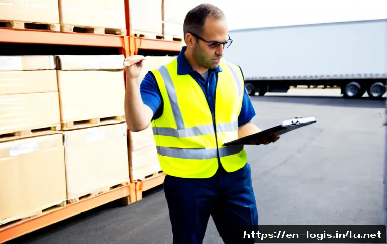 미국 물류 규제 및 법규 - Photorealistic United States freight compliance inspection at a modern distribution warehouse loadin...