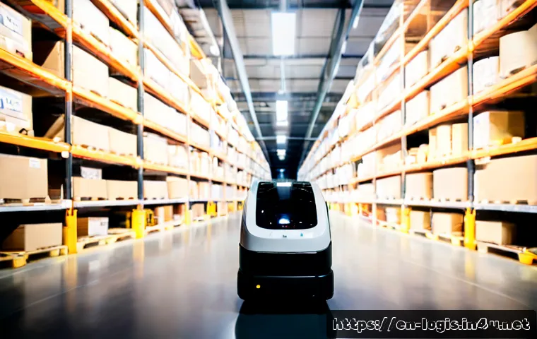 스마트 물류 로봇 - Photorealistic modern fulfillment warehouse with a smart autonomous mobile robot carrying neatly sta...
